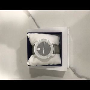 Movado Silver/White Leather Band Watch